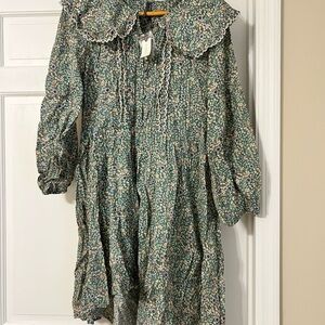 Anthropologie Green Floral High Low Dress Sz L NWT